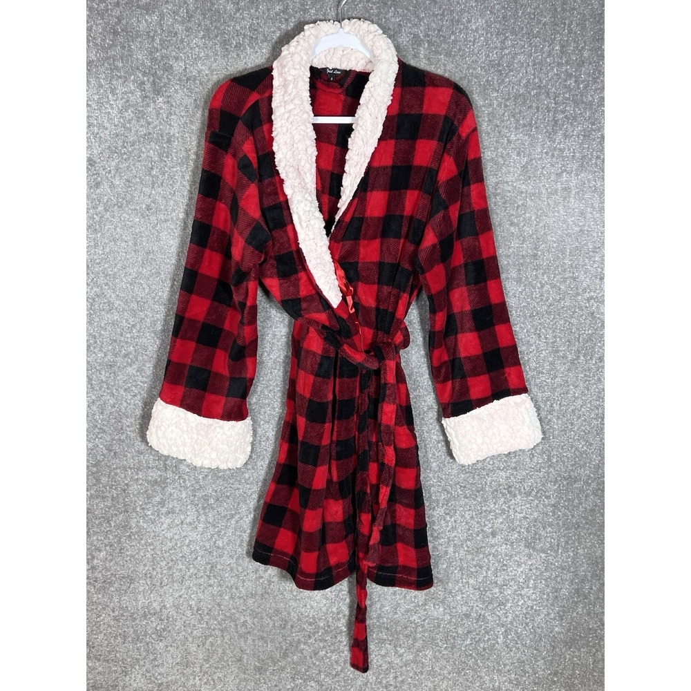 Just Love Fleece Faux Sherpa Robe Womens Size S Red Black Buffalo Plaid Pockets